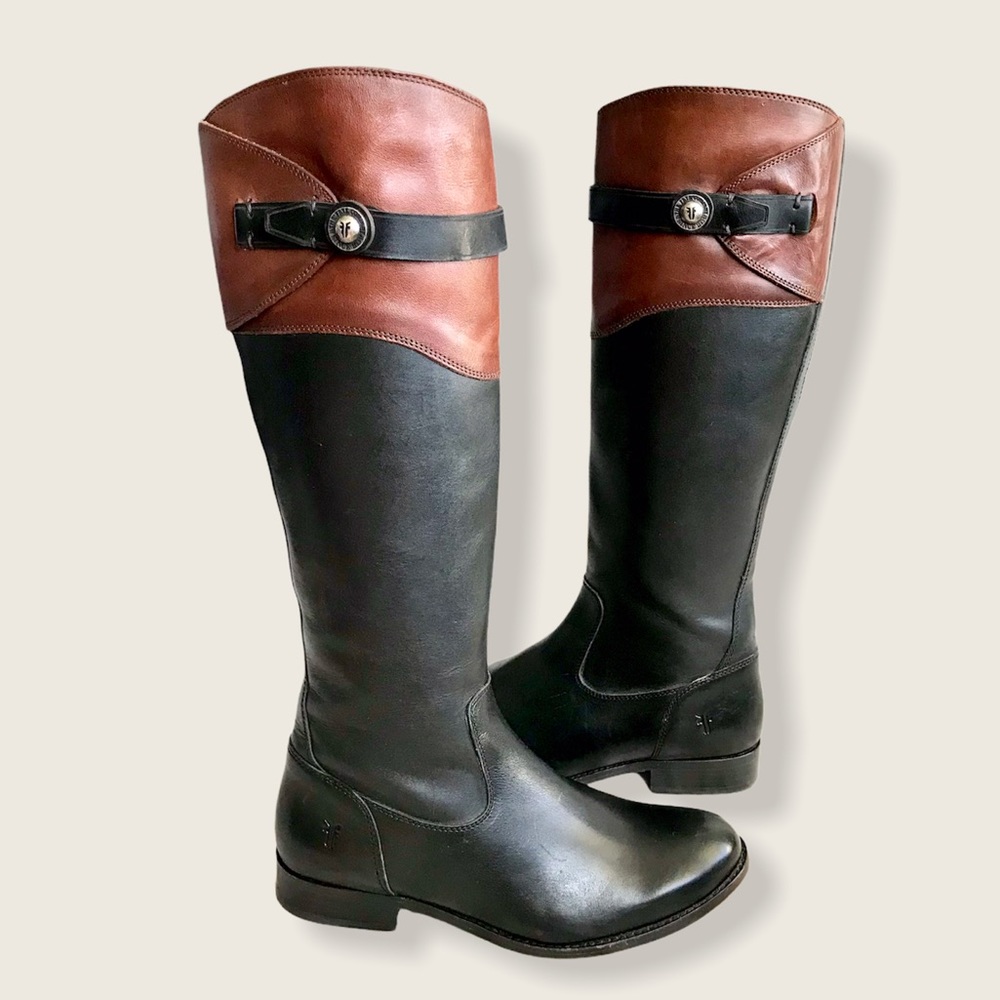 $399 Frye Molly Button Black Brown Multicolor Leather Equestrian Riding Boots - Picture 15 of 16